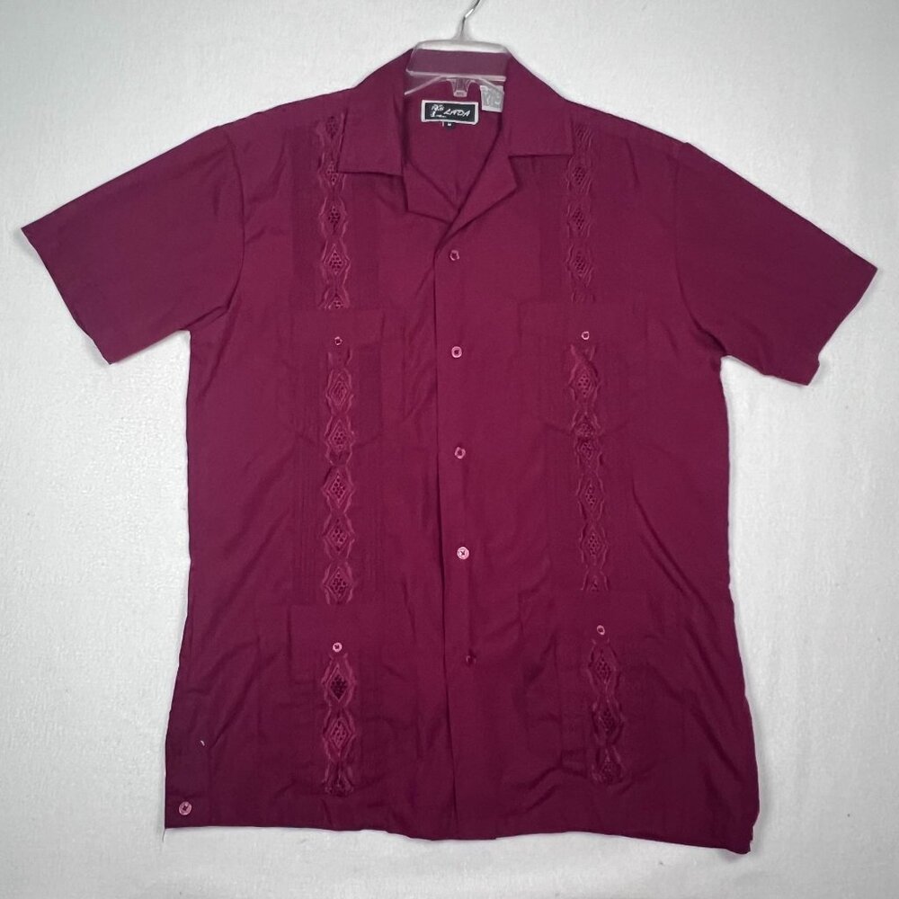 Lada Mens Med Maroon Button Up Shirt Hawaiian Theme Pockets Embroidered